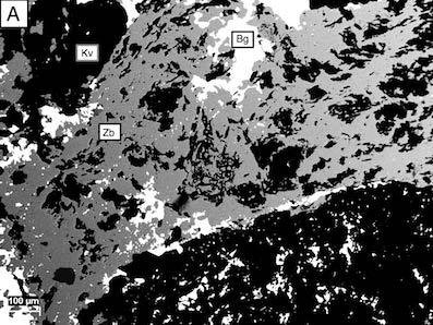 representerandes av korrosion av pyrit och ersättning av främst zinkblände. Kvarts (Kv).