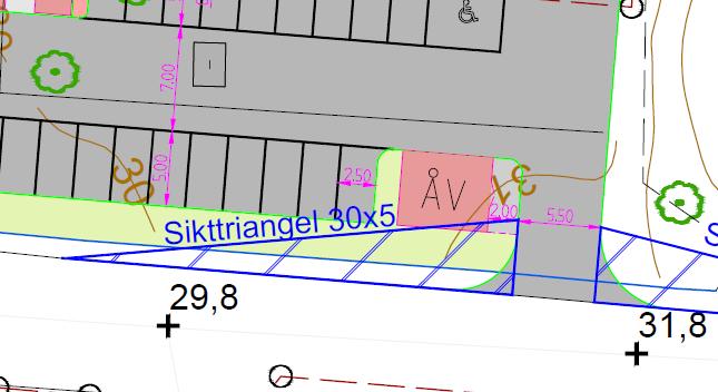 eftersom en sikttriangel på 30x5 meter är önskvärt. Goda siktförhållanden bidrar till ökad trafiksäkerhet och bör därför prioriteras. Figur 13. Utdrag ur trafikförslaget.