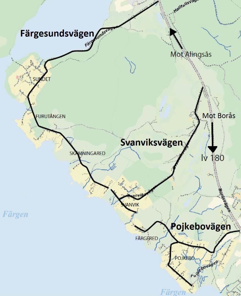2 Nulägesbeskrivning 2.1 Lokalt vägnät samt gång- och cykeltrafik Färgesundsvägen, Svanviksvägen och Pojkebovägen binder samman Färgens östra strand med väg 180.