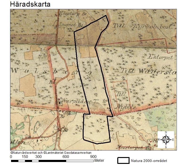 Natura 2000-område Natura 2000-kod Diarienummer Sida 23 av 25 Häradskartan, från slutet av 1800-talet, visar att områdets norra del varit brukad som åker och att resterande delar haft