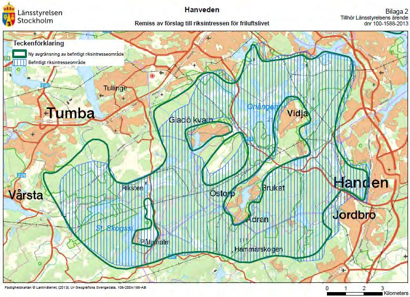 AKTUALITETSPRÖVNING AV HUDDINGES ÖVERSIKTSPLAN 2030 31 Karta 2: precisering av riksintresset för rörligt friluftsliv, jämförelse ny avgränsning med tidigare. 12 12 http://www.lansstyrelsen.