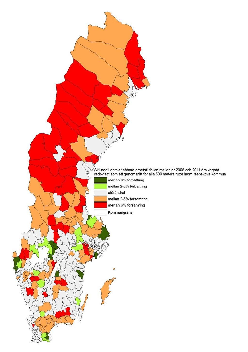 Figur 3 Skillnad i antalet nåbara arbetstillfällen mellan år 2008 och 2011 års vägnät redovisat som ett genomsnitt för alla befolkade 500-metersrutor.