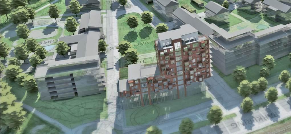 Trygghetsboendet och centrumhuset sett från norr (Alma arkitekter) Förskolan som ligger vid östra torget är enkel att nå med angöring.
