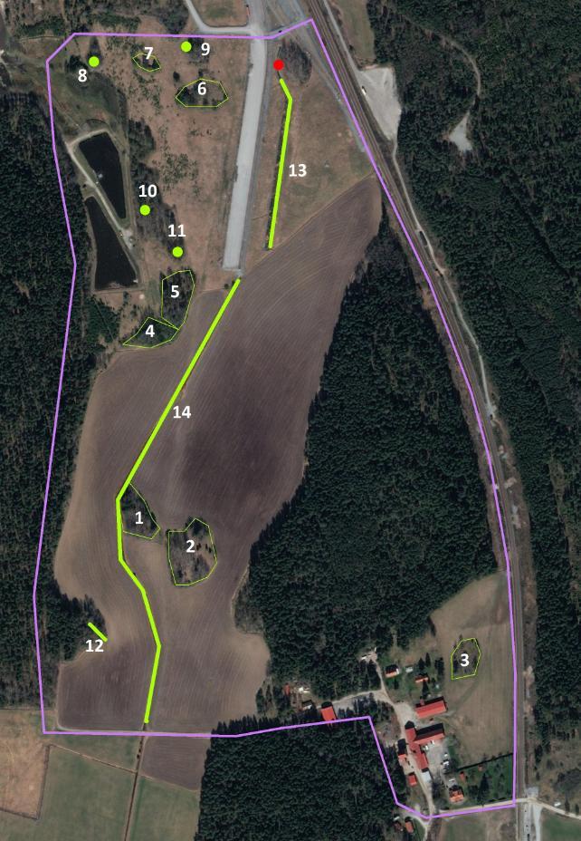 Figur 7. Avgränsade områden som omfattas eller kan omfattas av generellt biotopskydd. Objekt 1-7 är åkerholmar, 8-11 stenrösen, 12 en stenmur och 13-14 öppna diken.