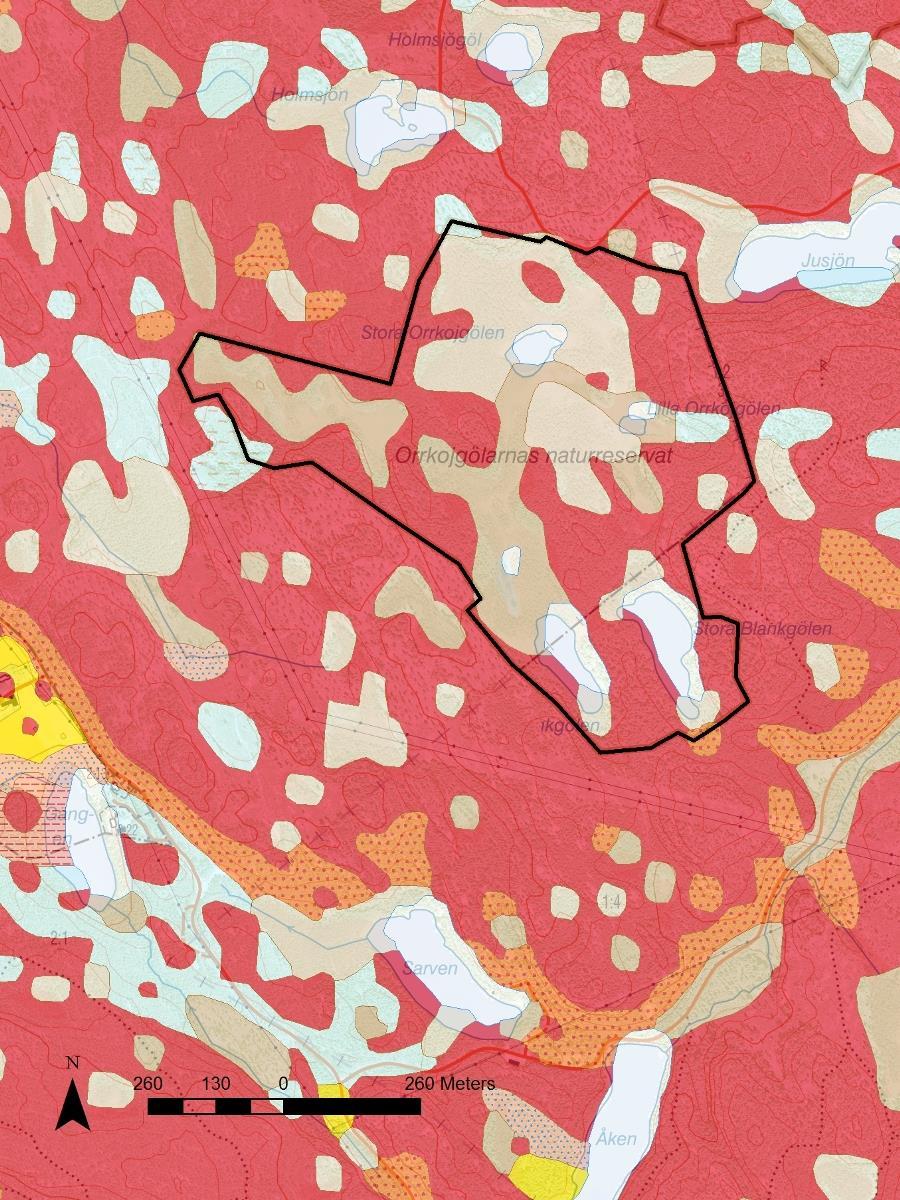 3.3.2 Geologiska bevarandevärden Berggrunden i området består av felsisk metavulkanit som är en gnejsig bergart, glimmerrik och ådergnejsomvandlad.