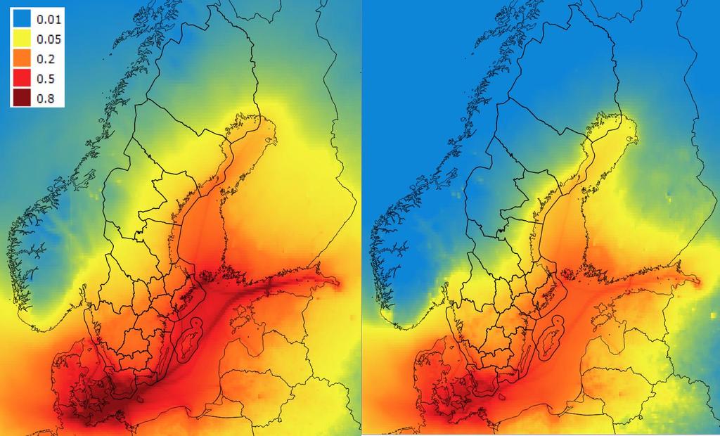 Figur 3. Jämförelse av PM2.5 nivåer från sjöfarten i Östersjön åren 2014 och 2016. Skalan indikerar bidrag av PM2.5 i g/m 3 Den genomsnittliga exponeringen i Sverige för PM2.