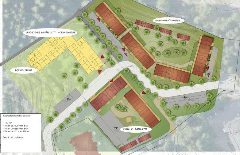 Blivande anläggning Detaljplanen ska möjliggöra byggande av flerbostadshus, ett äldreboende och en förskola. I området planeras för ca 6 flerbostadshus med totalt ca 100 lägenheter.