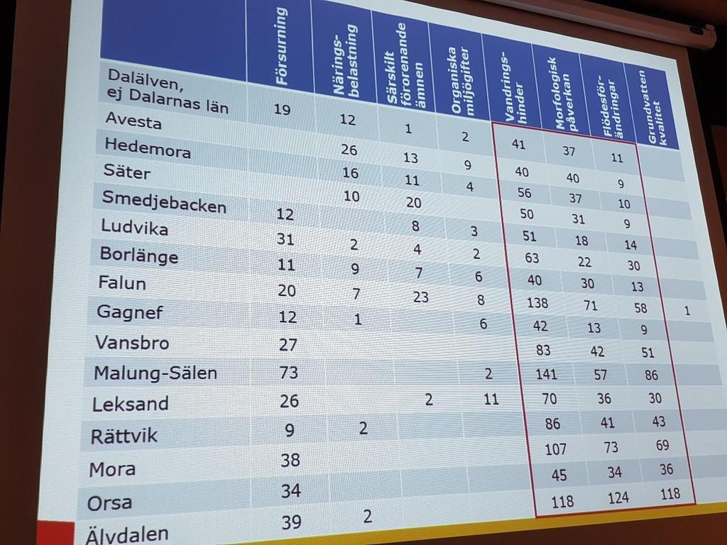 Fysiska hinder: vandringshinder 70% (vattenkraft, vägtrummor, flottleder etc), morfologisk påverkan 40% (flottning, vattenkraft, jord- och skogsbruk), flödesförändringar 35% (vattenkraft, dämningar m.