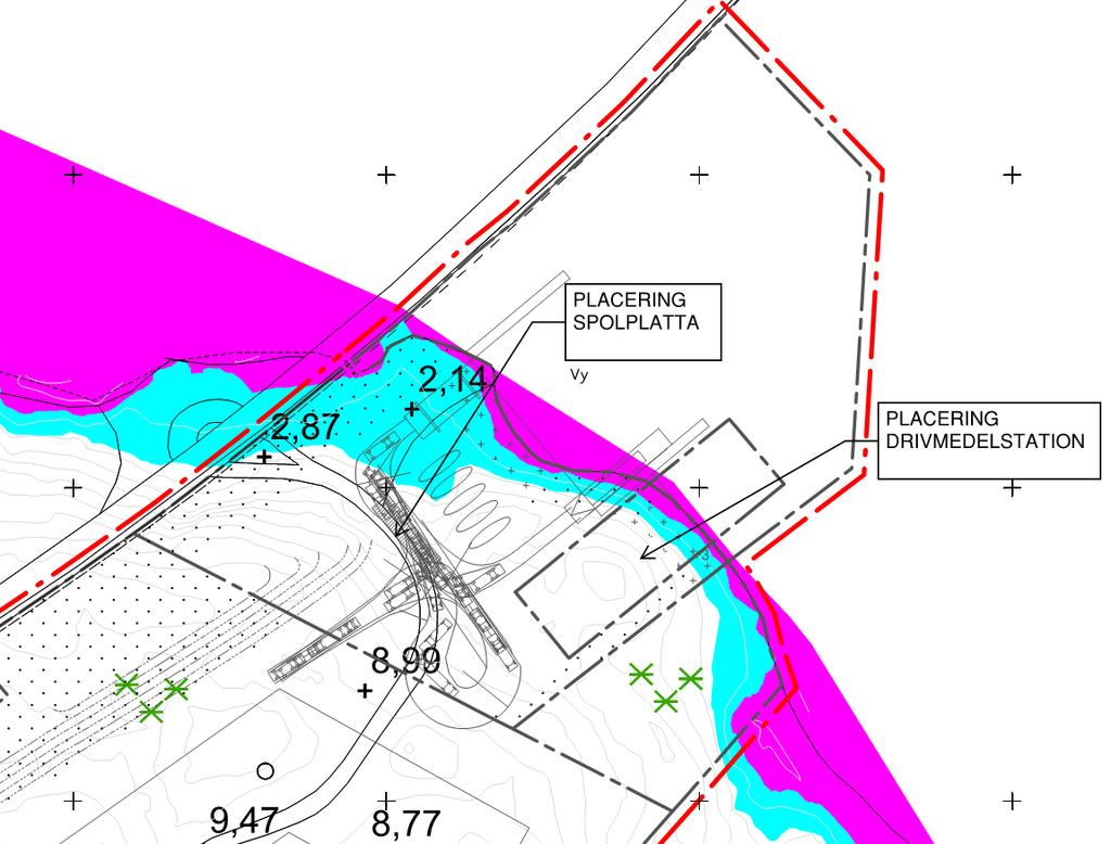 Figur 6. Områden inom planerade småbåtshamnen som understiger Länsstyrelsens rekommendationer för lägsta grundläggningsnivå.