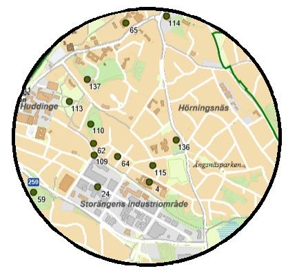 Solgårdsskolan 59 Sjödalsvägen vid Huddinge centrum 109 Sjödalsbacken Huddinge Centrum 110 Fjället 160 förskola 72 Aspen