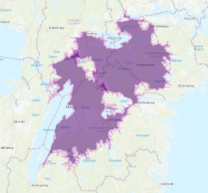 71 Motala & Vingåker Bilden visar 1 timmes körtid från Vingåker samt Motala. Områdena tangerar varandra utan några större överlappningar.