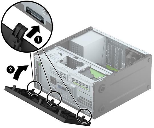 Sätta tillbaka frontpanelen Passa in de tre hakarna på panelens nederkant i de rektangulära hålen på chassit (1) och vrid sedan in ovandelen av