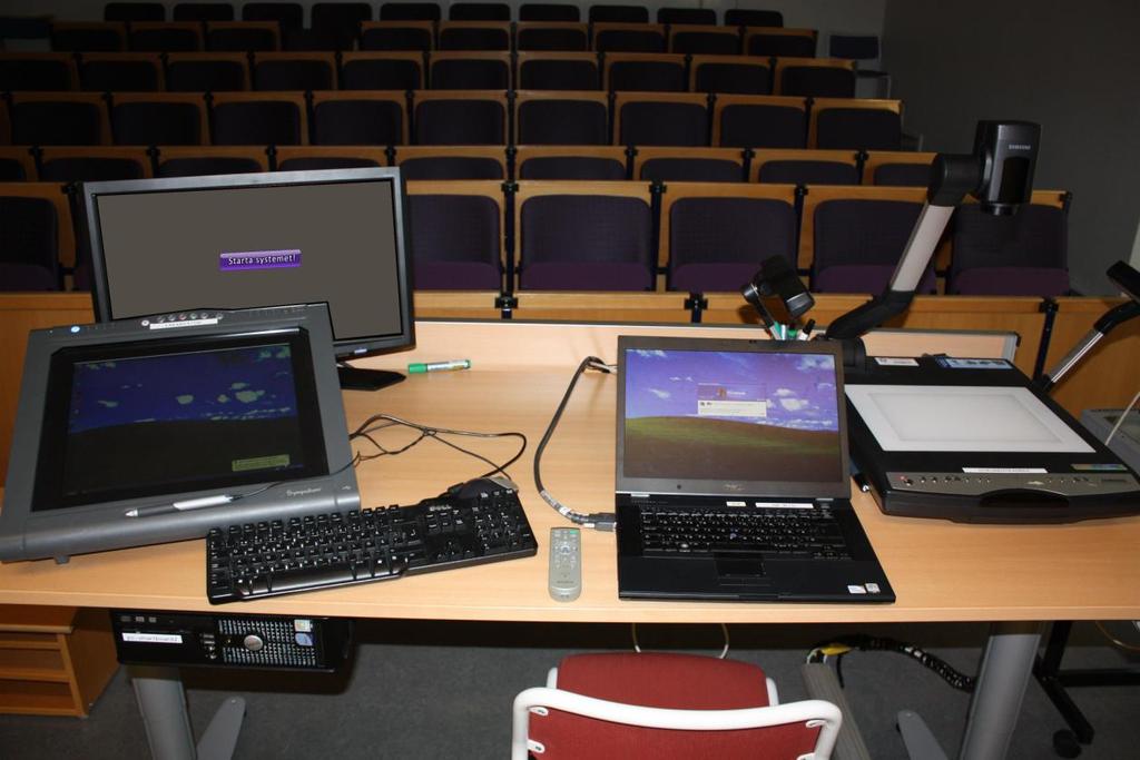 Vad är vad i salen? Följande utrustning finns i salen: 1. Skärm för att styra systemet (tryckkänslig) 2. Lärardatorn med skärm (tryckkänslig) samt pekdon och tangentbord 3.
