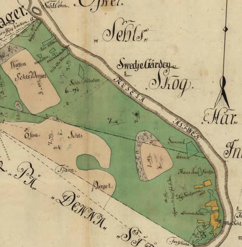 Bild 13. Detalj av storskifteskarta över Yttersel år 1783. I högra delen av kartbilden ser vi flera svedjor och vänstra delen ser vi Sehls fäbodar och flera särhägnade slåttermarker.