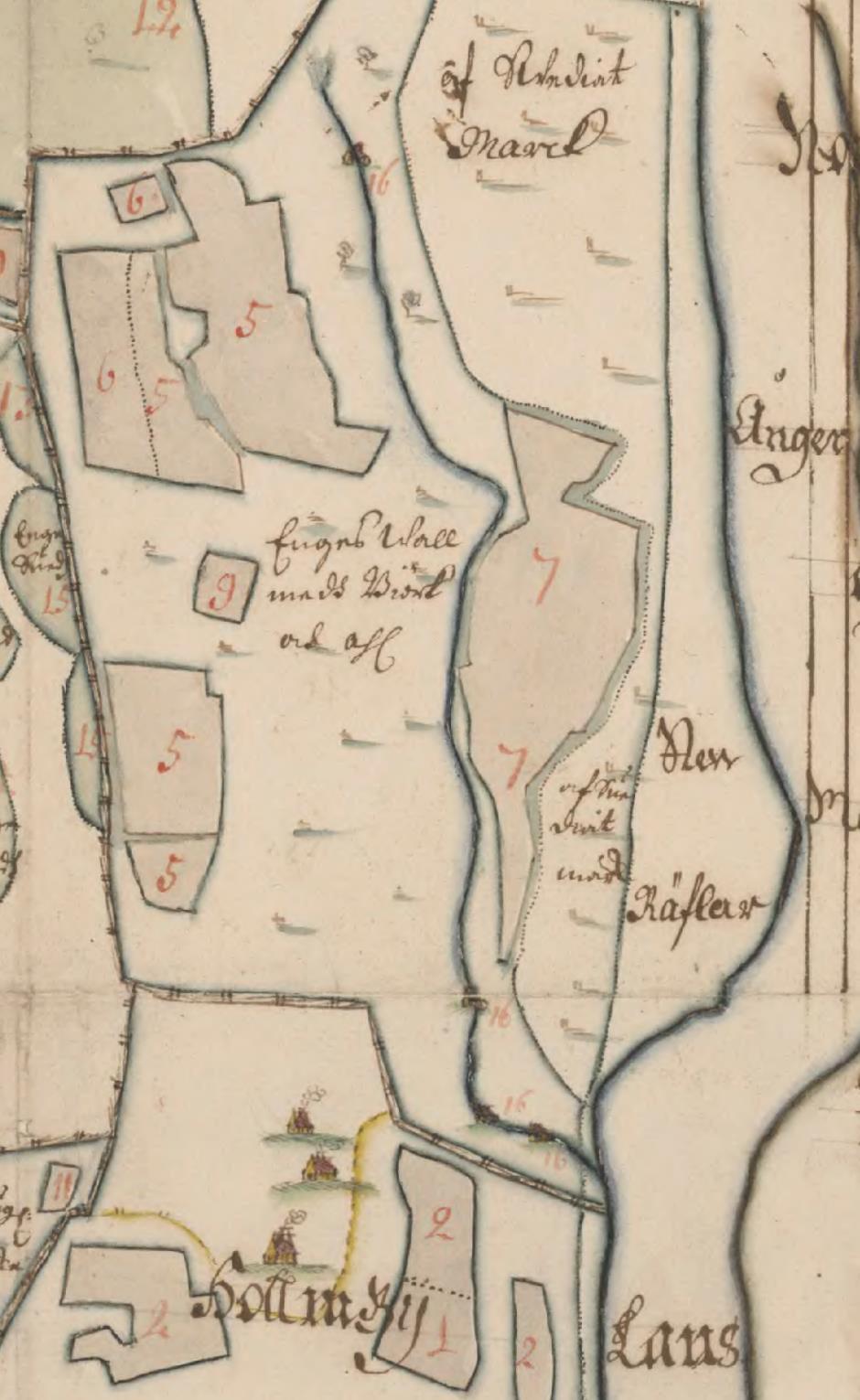 Bild 14. Detalj av avmätningskarta över Holme år 1693. I kartan ser vi skvaltkvarnar (nr 16) i Sågbäcken. Karttexten anger att de endast har fin gång höst och vår.