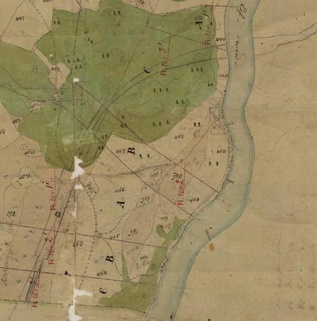 Bild 15. Detalj av laga skifteskarta över Västerås år 1852. I kartbilden har den planerade järnvägen ritats in.