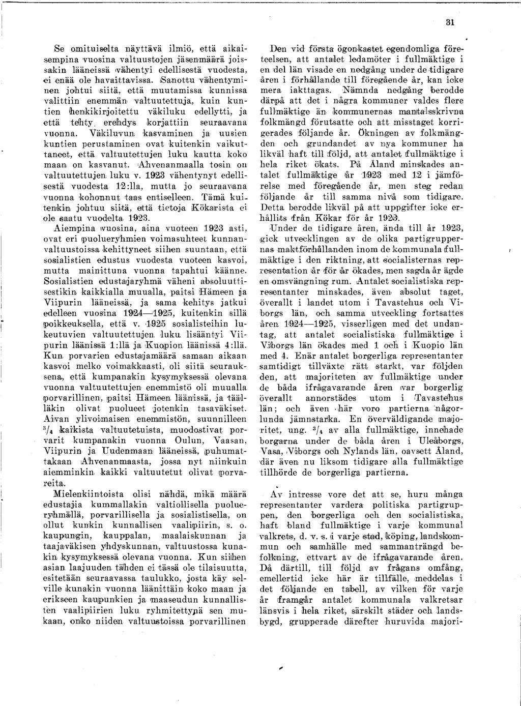 Se omituiselta näyttävä ilm iö, että aikaisempina vuosina valtuustojen jäsenmäärä joissakin lääneissä vähentyi edellisestä vuodesta, e i enää ole havaittavissa.