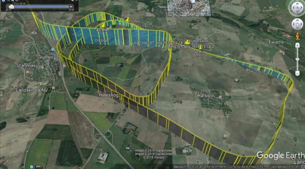 Figur 1: Anslutningen till landningsvarvet, omdraget och sista varvet som registrerades på pilotens läsplatta (Skydemon data på Google Earth). Lantmäteritillstånd nr: Dnr R61749_190001.