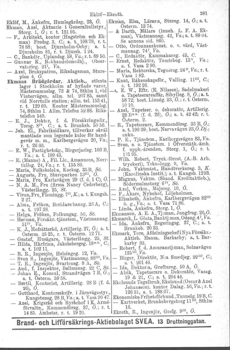 Eklöf Ekroth. 281 Eklöf, M., Änkefru, Humlegårdag. 23, O. Ekm'ap', Elsa, Lärar:a, Stureg. 14, O.; a. t. Ekman, Axel, Aktuarie i Generaltul1styr., Storg. 1, O; r. t. 13195. Osterm. & Darth, 1374.