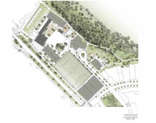Figur 1 Situationsplan. Bild Aperto och Liljewall arkitekter. Ljusgrå byggnader är planerade och mörkgrå befintliga. Befintliga byggnader som rivs syns inte på planen. 2. Förslaget 2.