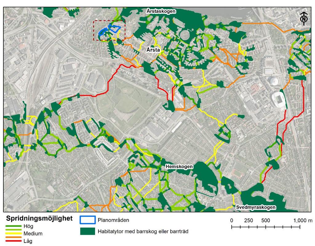 barrskogsområden i norra delen av studieområdet och österut bedöms i analysen som låg.