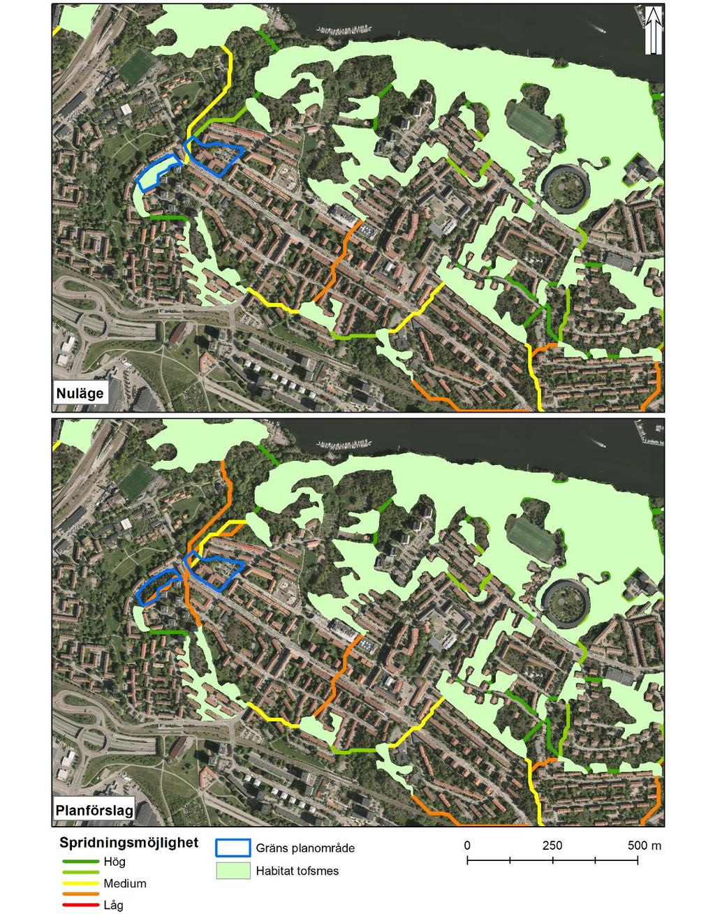 Figur 4. Spridningsvägar mellan habitatytor för tofsmes i anslutning till planområdena. Vid planområdena bedöms spridningsförmågan minska (kartdata: Stockholms stad 4 ).