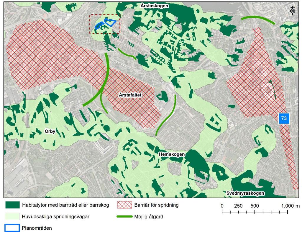 4 Åtgärdsförslag Spridningsvägarna från Årstaskogen och söderut mot Örby, Hemskogen och Svedmyraskogen begränsas av Årstafältet, där avstånd och miljö inte är gynnsamt för de studerade fokusarterna