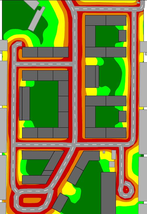 A F B E C D Figur 4: Ljudspridning maximal ljudnivå (dba) Kvarter A, C-E Riktvärde vid fasad klaras. Dygnsekvivalent ljudnivå är 52-58 dba mot vägarna.