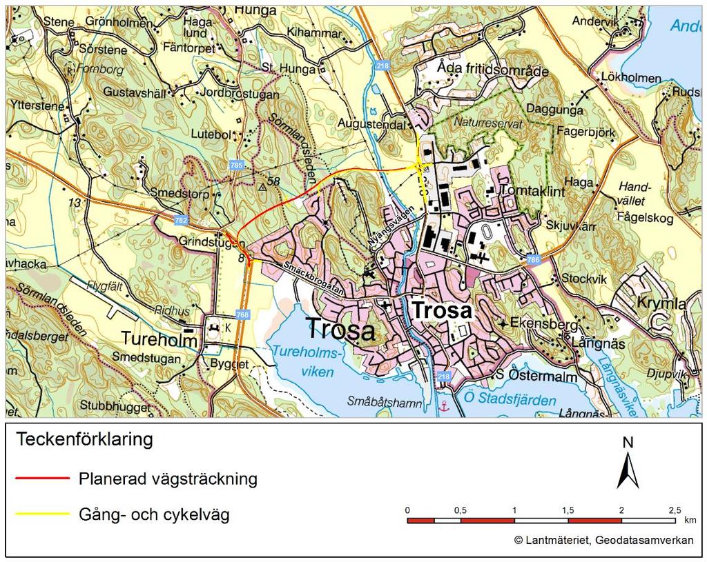 1. Inledning Trosa är en av de snabbare växande tätorterna i östra Sverige, och för att staden ska kunna fortsätta expandera och utvecklas, planeras en ny väg mellan östra och västra delarna av