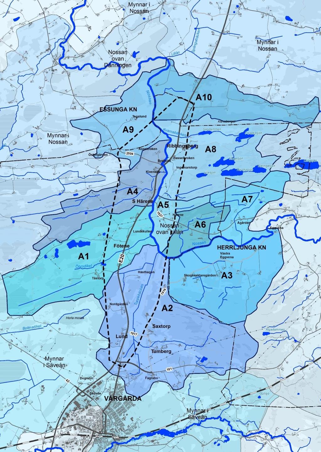 Figur 2.1.1:1. Avrinningsområden (Huvudavrinningsområde SMHI och delavrinningsområden Structor) Kortfattad beskrivning av delavrinningsområdena med dess huvudsakliga beskaffenhet och avledning: A1.