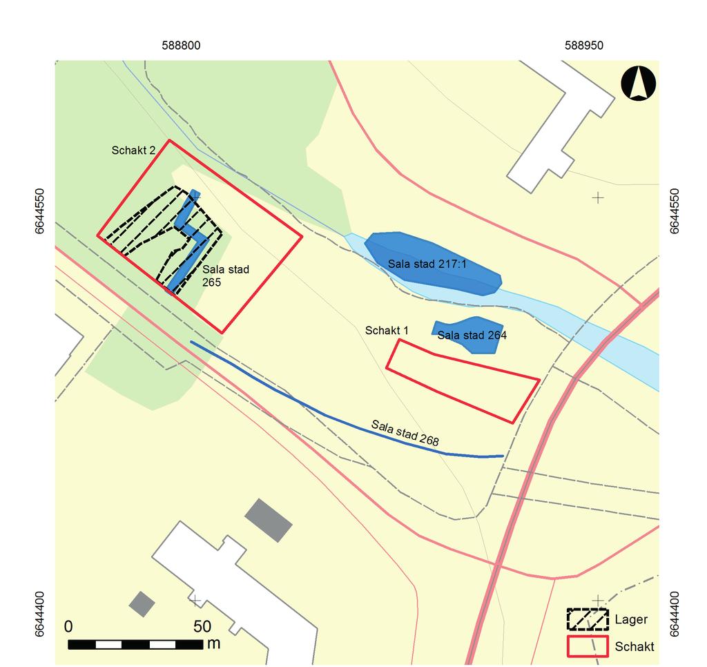 Sanering av förorenad mark på fastigheten Kristina 4:264 i Sala Figur 3. Schaktplan med de aktuella schakten 1 och 2 markerade med röd ram.