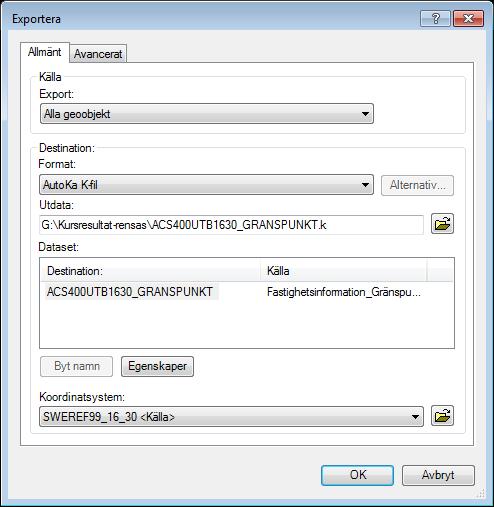 Exportera filer från GEOSECMA Lantmäteri Välj Alla eller Valda geoobjekt att exportera till AutoKa K-Fil (eller annat format).
