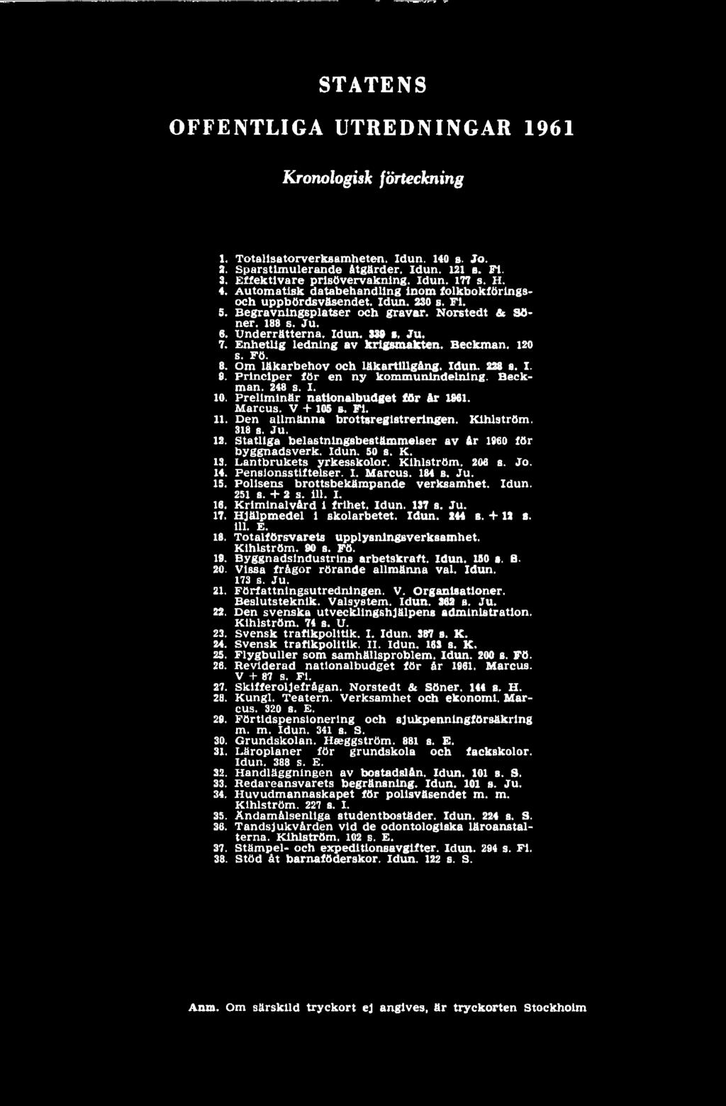K. 13. Lantbrukets yrkesskolor. Kihlström. 206 s. Jo. 14. Pensionsstiftelser. I. Marcus. 184 s. Ju. 15. Polisens brottsbekämpande verksamhet. Idun. 251 s. + 2 s. ill. I. 16. Kriminalvård i frihet.