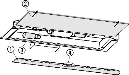 Störningar Fig. 16 u Slå från skåpet. u Drag ur stickkontakten eller slå från säkringen. u Ta bort panelen Fig. 16 (1): Ta tag bakom panelen och drag bort den. u Drag ut glasskivan Fig. 16 (2).