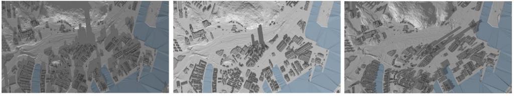 Figur 26 Skuggbild Karlavagnsplatsen vid vår- och höstdagjämning, kl 08:00, 12:00, resp. 16:00 (SERNEKE Projektledning AB, 2016). Karlatornets höga höjd skapar en uträckt skuggbild över omgivningen.