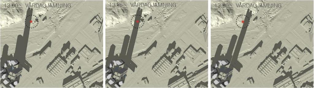 Figur 27 Skuggbild Karlavagnsplatsen, från (Semrén & Månsson, 2015b). Skuggan från det smala Karlavagnstornet skuggar maximalt i 30 minuter.