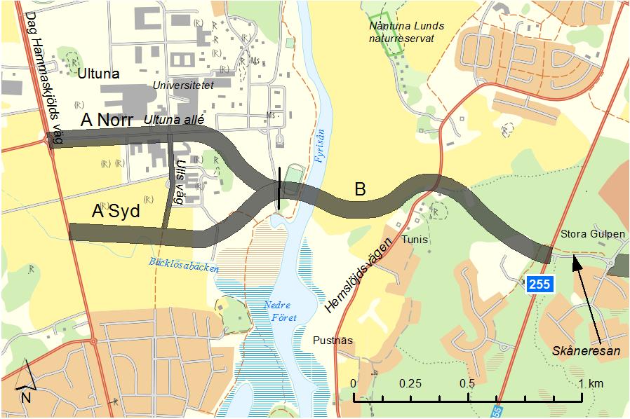 A. Dag Hammarskjölds väg till västra brofästet A Norr: Med en bussförbindelse kommer befintlig Ultuna Allé användas från Dag Hammarskjölds väg och fram till en punkt cirka 100 meter öster om Ulls väg.