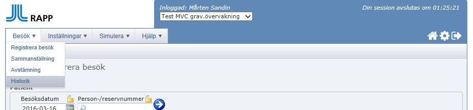 Besökshistorik Under huvudfliken Besök och länken Historik visas besökshistorik, Man söker på en vald tidsperiod genom att mata in ett på from och ett tom datum.