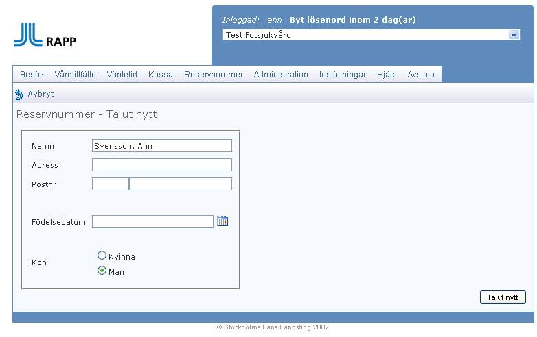 Reservnummer är en huvudrubrik med underrubrikerna Ta ut nytt
