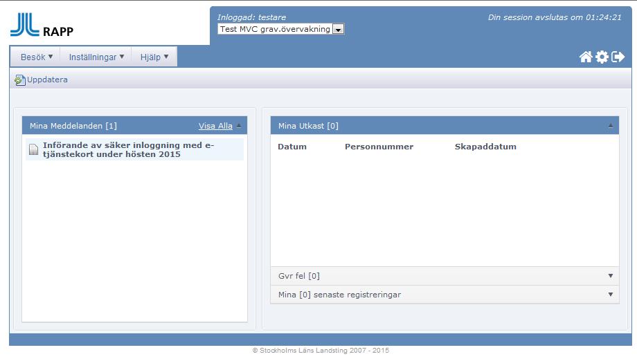 Efter login och ditt första val av roll, visas sida med aktuell information.