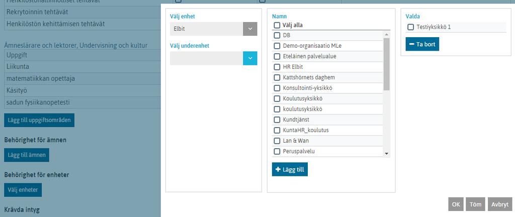 GRANSKNINGSANTECKNINGAR: ENHETER 1. Välj här, alternativet flyttas till mitten 2. Välj enheter som passar vikarien.