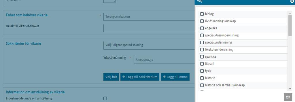 VIKARIEBEHOV: LÄRARVIKARIENS UNDERVISNINGSÄMNEN - Sök