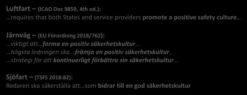 Varför tillsyn av säkerhetskultur? Tydlig koppling i regelverk och konventioner Stöd även i forskning Luftfart (ICAO Doc 9859, 4th ed.