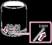 Använda RESET-knappen Om högtalaren inte kan manövreras trots att den är påslagen, öppna locket på baksidan och tryck på RESET-knappen med ett stift eller annat spetsigt föremål.