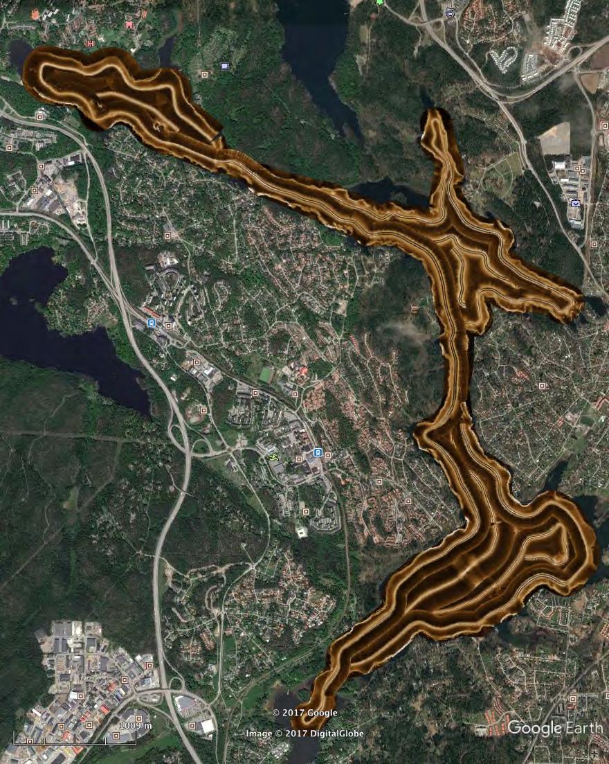 11 Figur 3 Sonaröversikt över Drevviken den 28 september 217. 4.1.1 Iakttagelser från sonarunderlaget I detta avsnitt redovisas en genomgång av speciella iakttagelser som gjorts från sonarplotten.