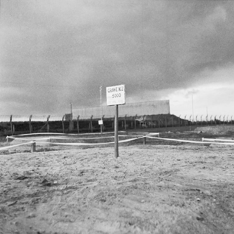 Dödslägrens offer Fotografi med igenfylld massgrav (lägret Bergen-Belsen, Tyskland, 1945). På gravskylten står det: Grav nr 2. Här ligger 5 000 begravda.