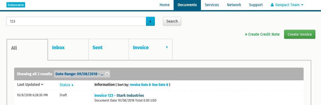 INMATNINGSGUIDE FÖR LEVERANTÖRER 16 Söka efter fakturor När du har loggat in på Basware-portalen kan du på sidan Documents se en lista med fakturorna som du har skickat från