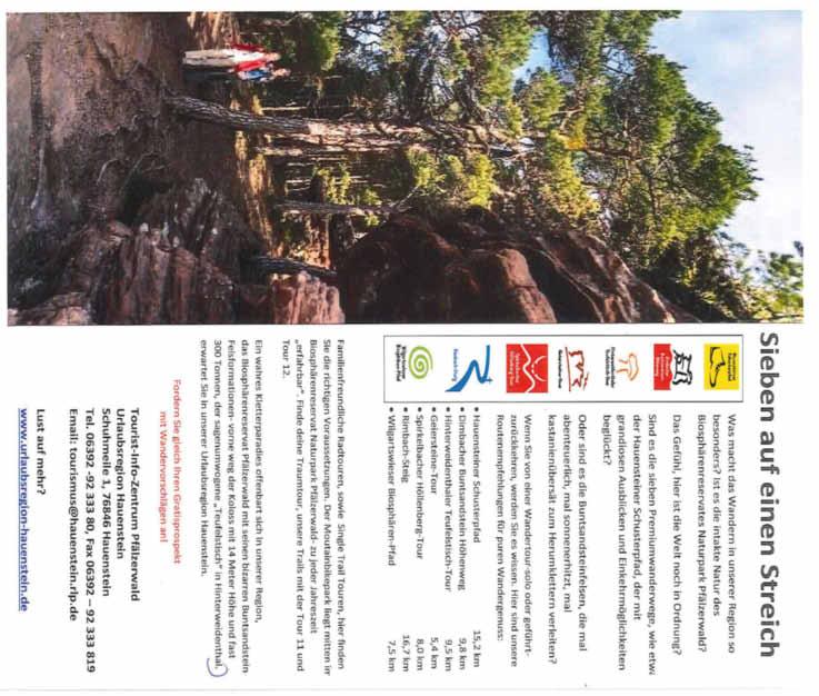 Bad Bergzabern, den 02.01.2019-24 - Südpfalz Kurier - Ausgabe 1/2019 Wandern, Mountainbiken und Klettern in der Urlaubsregion Hauenstein Was macht das Wandern in unserer Region so besonders?