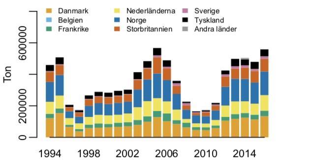 3.3. Landningar av sill angivet i ton per fångstnation mellan 1965 2016 i Nordsjön, Skagerrak, samt Kattegatt.