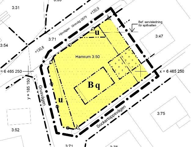 4(8) Förutsättningar Område där ändring föreslås och ägoförhållanden Det föreslagna området för ändring utgörs av del av fastigheten Hamrum 3:50 som gränsar mot vägarna Hjovägen, Grusvägen och